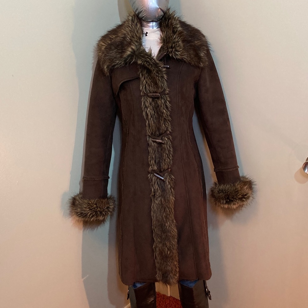 Women's Brown Faux-Suede Trench Coat with Faux Fur Trim